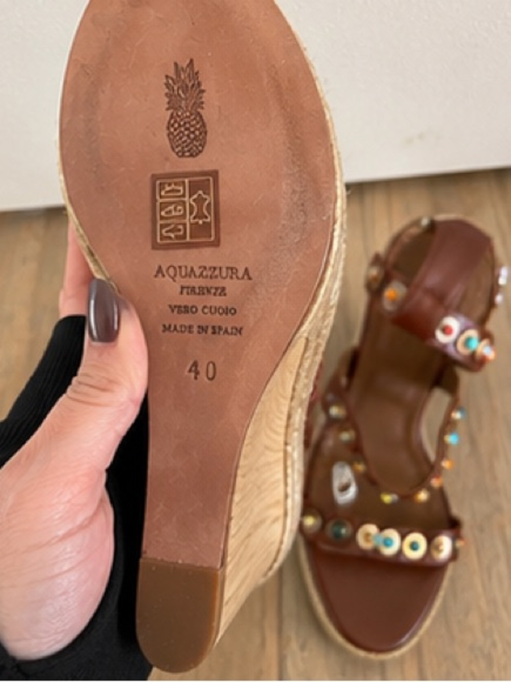 Aquazzura Brown Studded Leather Espadrille Wedge Sandals Size 40 NWT - Picture 7 of 9